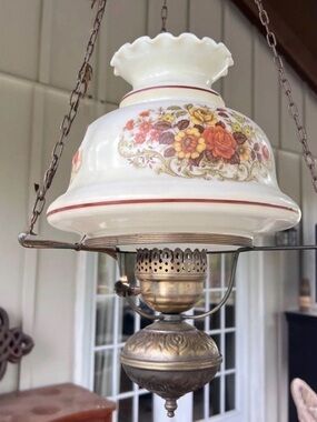 Vintage Floral Hanging Lamp Shade - White with Orange Floral Accent oil lamp